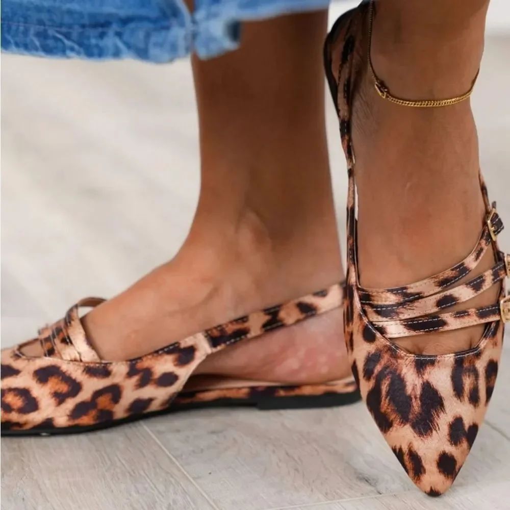 BRAND NEW FOREVER LEOPARD PRINT WOMENS SLINGBACK POINTED TOE WITH BUCKLE STRAP